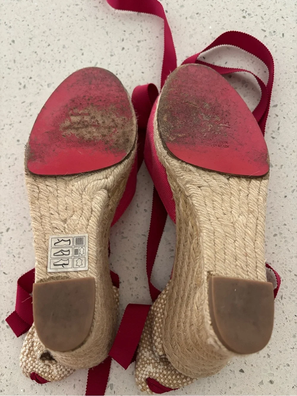 Christian Louboutin Canvas Wedge Espadrilles Fuschia Pink Brigitte Ribbon Ankle